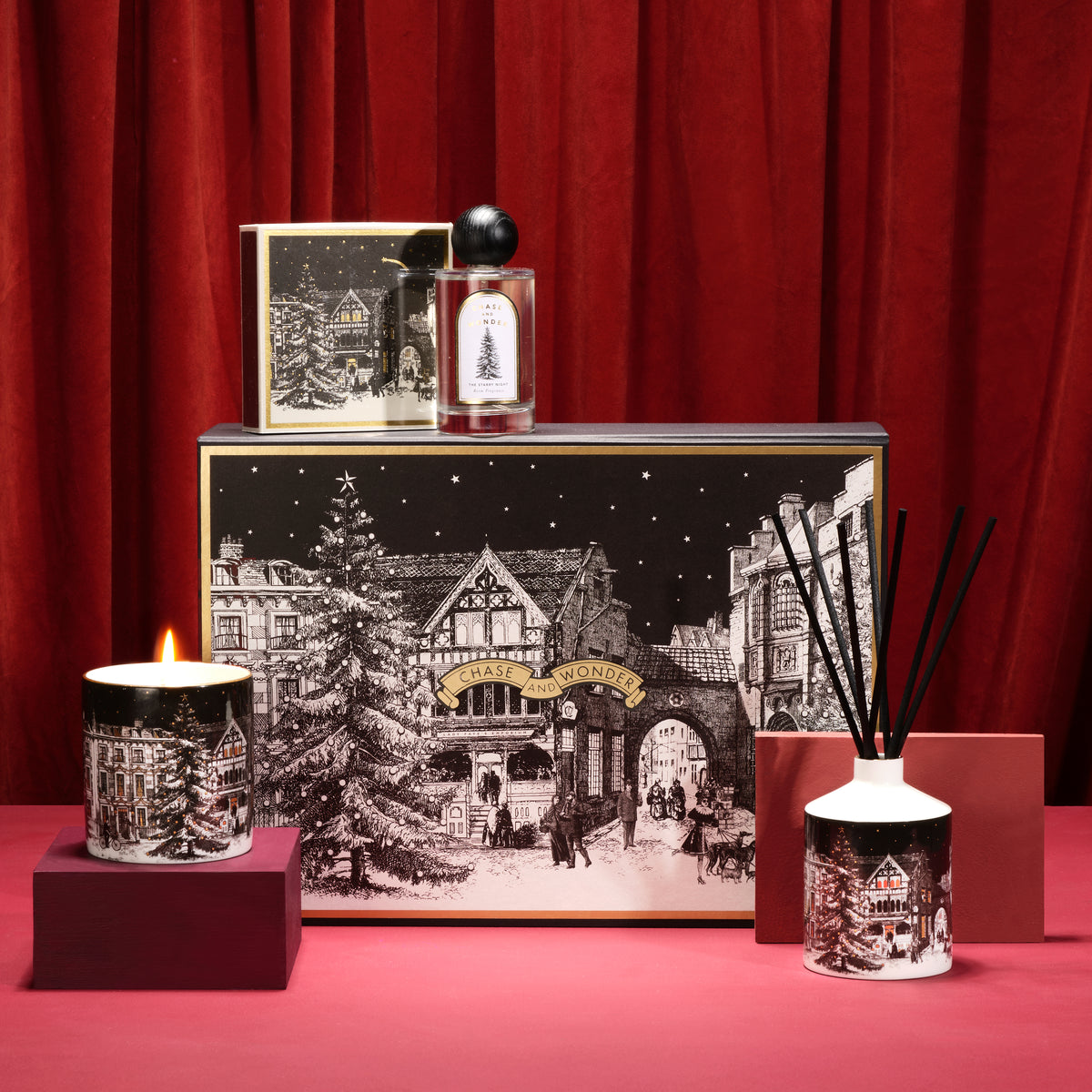 The A Festive Treat: The Starry Night Gift Set by Chase and Wonder, ceramic candle and diffuser with luxury gift box
