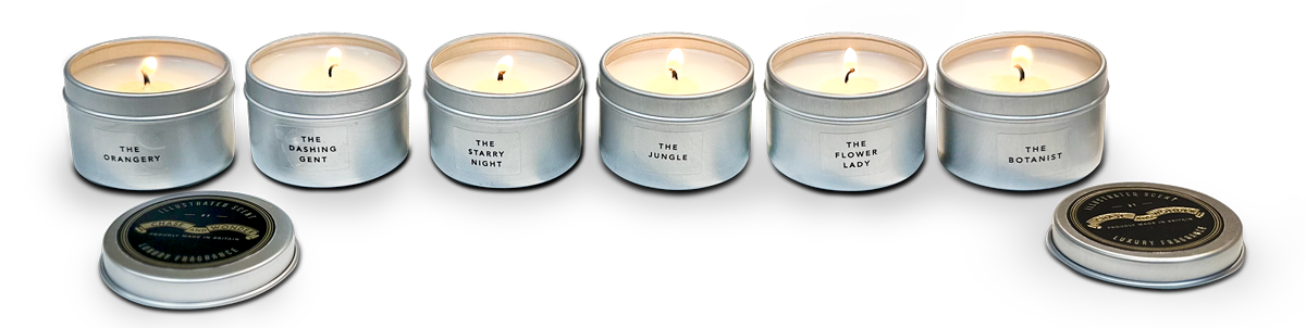 The six scented candles, each in its own lidded tin, from a box of Chase and Wonder Christmas crackers