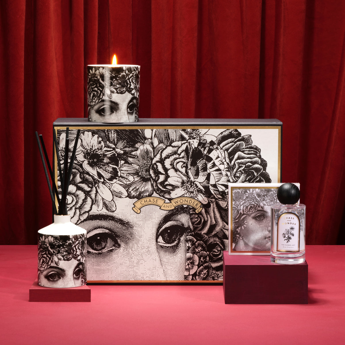 For Rose Lovers: The Flower Lady Gift Set by Chase and Wonder, luxury gift box with candle, matches and room spray