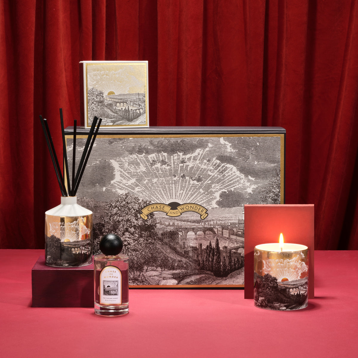 For Italy Lovers - The Tuscan Sunset Gift Set by Chase and Wonder, luxury gift box with candle, matches and room spray