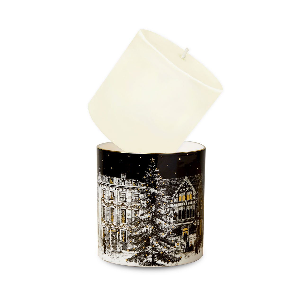 Refill for The Starry Night Ceramic Candle by Chase and Wonder, wax insert lifted from illustrated ceramic vessel with winter town scene